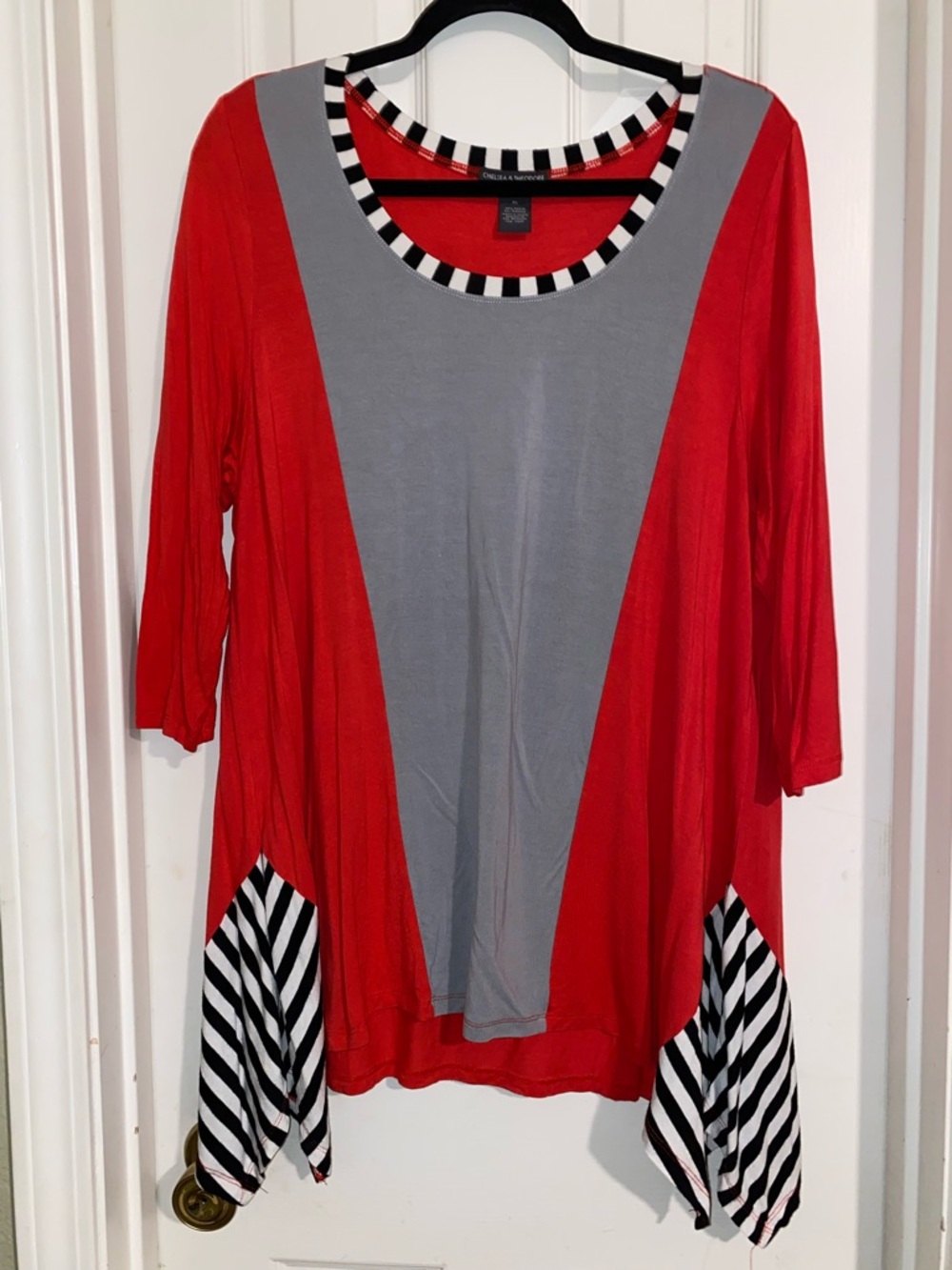 Chelsea & Theodore Red and Gray Colorblock Tunic with Striped Trim